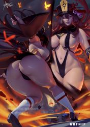 Rule 34 | 1girl, aged up, artnip, ass, ass focus, bare shoulders, bikini, breasts, brown hair, cameltoe, coattails, detached sleeves, from behind, genshin impact, hat, hat ornament, hu tao (genshin impact), huge ass, large breasts, long hair, looking at viewer, polearm, red eyes, shiny skin, sideboob, slingshot swimsuit, smile, solo, spear, swimsuit, thick thighs, thighs, twintails, very long hair, weapon