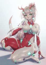 Rule 34 | 1girl, bodysuit, breasts, colored inner hair, covered navel, dragon horns, earrings, gradient background, green eyes, high heels, highres, horns, jewelry, kionaoki, long hair, looking at viewer, medium breasts, multicolored hair, on one knee, original, pink hair, pointy ears, ponytail, shiny clothes, skin tight, slit pupils, solo, tail, white background, white hair