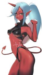 Rule 34 | 1girl, blue hair, breasts, colored skin, crop top, demon girl, demon tail, eyelashes, fang, green eyes, hair between eyes, highres, holding, holding towel, horns, kneesocks (psg), long hair, looking at viewer, nanja, panty &amp; stocking with garterbelt, parted lips, ponytail, red skin, simple background, single horn, skin fang, sleeveless, small breasts, solo, sweat, tail, towel, white background