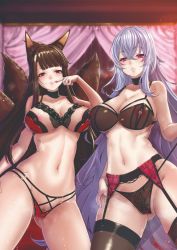 Rule 34 | 2girls, akagi (azur lane), animal ears, areola slip, azur lane, black bra, black choker, black hair, black legwear, black panties, bra, breasts, choker, cleavage, closed mouth, collarbone, commentary request, covered erect nipples, eva (hq8nn1ef), eyeliner, female pubic hair, fox ears, fox tail, garter belt, garter straps, gluteal fold, graf zeppelin (azur lane), hair between eyes, half-closed eyes, heart, heart-shaped pupils, highres, indoors, kitsune, large breasts, licking, licking finger, lingerie, lips, long hair, looking at viewer, makeup, multiple girls, multiple tails, navel, panties, panties under garter belt, parted lips, pubic hair, pubic hair peek, purple eyes, red bra, red eyes, red panties, shiny skin, side-tie panties, silver hair, smile, standing, symbol-shaped pupils, tail, thighhighs, tongue, tongue out, underwear, very long hair