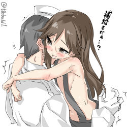 Rule 34 | 10s, 1boy, 1girl, admiral (kancolle), arashio (kancolle), arms around neck, bad id, bad twitter id, bare arms, bare shoulders, black hair, blush, brown eyes, brown hair, ebifurya, eyebrows, gloves, hat, hetero, highres, hug, inactive account, kantai collection, long hair, long sleeves, naked skirt, navel, no bra, open mouth, short hair, simple background, skirt, smile, suspender skirt, suspenders, sweat, topless, trembling, twitter username, white background, white gloves