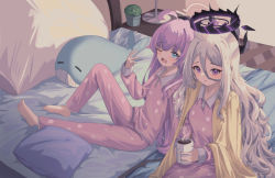 Rule 34 | 2girls, ;o, absurdres, ahoge, barefoot, bed, bed sheet, blue archive, cake walker, coffee, coffee mug, commentary request, cup, demon girl, demon horns, demon wings, desk lamp, from above, hair between eyes, halo, highres, hina (blue archive), hina (pajamas) (blue archive), holding, holding cup, horns, hoshino (blue archive), lamp, long hair, long sleeves, looking at viewer, looking up, mug, multiple girls, official alternate costume, one eye closed, pajamas, pillow, pink hair, pink pajamas, plant, polka dot, polka dot pajamas, potted plant, purple eyes, sidelocks, sitting, sleepover, sleepy, steam, stuffed whale, toes, white hair, wings