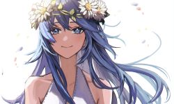 Rule 34 | 1girl, bare shoulders, blue eyes, blue hair, blush, closed mouth, collarbone, commentary, dress, fire emblem, fire emblem awakening, fire emblem heroes, floating hair, flower, hair between eyes, hair ornament, head wreath, highres, hoshigaki (hsa16g), long hair, looking at viewer, lucina (fire emblem), lucina (valentine) (fire emblem), nintendo, official alternate costume, petals, portrait, simple background, sleeveless, sleeveless dress, smile, solo, symbol-only commentary, symbol-shaped pupils, very long hair, white background, white dress, white flower