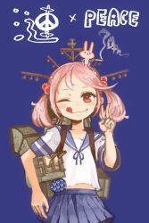 Rule 34 | 1girl, 1other, animal, animal on head, badge, blue background, blue sailor collar, blue skirt, rabbit, rabbit on head, character name, cigarette, commentary request, cowboy shot, fujinozu, hair bobbles, hair ornament, kantai collection, machinery, mast, on head, peace symbol, pink hair, pleated skirt, red eyes, sailor collar, sazanami (kancolle), school uniform, serafuku, short hair, simple background, skirt, smile, smoking, tongue, tongue out, twintails, v, wavy mouth