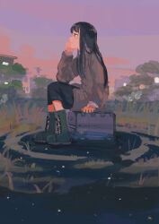 Rule 34 | 1girl, absurdres, black eyes, black hair, black pants, boots, box, brown coat, building, closed mouth, coat, dusk, expressionless, grass, hand on own chin, highres, katakai, long hair, long sleeves, looking ahead, on box, original, outdoors, pants, profile, purple sky, sitting, sitting on box, sky, solo, tree, utility pole