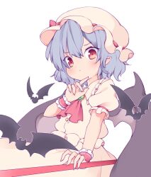 Rule 34 | 1girl, ascot, bat (animal), bat wings, blue hair, blush, bow, brooch, closed mouth, cycloneyukari, dress, hat, hat ribbon, jewelry, looking at viewer, mob cap, pink dress, pink hat, puffy short sleeves, puffy sleeves, red ascot, red bow, red eyes, remilia scarlet, ribbon, short hair, short sleeves, simple background, solo, spear the gungnir, touhou, white background, wings, wrist cuffs
