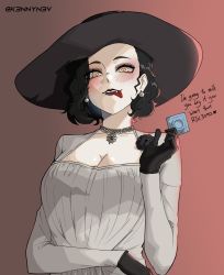 Rule 34 | 1girl, absurdres, alcina dimitrescu, black flower, black hair, blush, breasts, cleavage, collarbone, condom, condom wrapper, dress, earrings, english text, fangs, flower, forehead, gloves, gradient background, hat, heart, heart-shaped pupils, highres, holding, holding condom, jewelry, k3nnyn3v, large breasts, lipstick, long hair, looking at viewer, makeup, mature female, necklace, open mouth, pale skin, parted lips, pearl earrings, pearl necklace, rape face, resident evil, resident evil village, rose, short hair, simple background, smile, sparkle, sun hat, symbol-shaped pupils, tongue, tongue out, wavy hair, white dress, yellow eyes