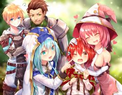 Rule 34 | 2boys, 3girls, armor, bare shoulders, blonde hair, blue eyes, blue hair, blurry, blurry background, blush, brown hair, capelet, cheek poking, dress, elbow gloves, closed eyes, gauntlets, gloves, green eyes, habit, hat, heart, highres, hug, levelmaker, long hair, looking at viewer, multiple boys, multiple girls, one eye closed, open mouth, outdoors, pauldrons, pink hair, poking, red hair, short hair, shoulder armor, smile, sukemyon, vambraces, witch hat, yellow eyes