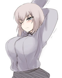 Rule 34 | 10s, 1girl, arms behind head, black skirt, blue eyes, breasts, closed mouth, dress shirt, frown, girls und panzer, grey shirt, itsumi erika, kuromorimine school uniform, large breasts, long hair, long sleeves, one eye closed, pleated skirt, school uniform, shanaharuhi, shirt, shirt tucked in, silver hair, simple background, skirt, solo, standing, stretching, tearing up, trembling, upper body, white background