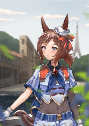 Rule 34 | 1girl, animal ears, belt, blue belt, blue eyes, blue neckerchief, blurry, blurry background, blurry foreground, blush, braid, breasts, brown hair, commentary request, cowboy shot, ears through headwear, eiffel tower, gloves, highres, horse ears, horse girl, horse tail, looking to the side, medium hair, navel, neckerchief, outdoors, pants, paris, short sleeves, single braid, small breasts, smile, solo, t90s mk2, tail, umamusume, venus paques (umamusume), white gloves, white pants