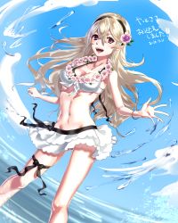 Rule 34 | 1girl, 2018, :d, absurdres, bikini, bikini skirt, black bow, black ribbon, blonde hair, blue sky, bow, bracelet, breasts, brown eyes, cleavage, cloud, collarbone, corrin (female) (fire emblem), corrin (female) (summer) (fire emblem), corrin (fire emblem), danno gs, dated, day, fire emblem, fire emblem fates, floating hair, flower, groin, hair between eyes, hair bow, hair flower, hair ornament, highres, jewelry, layered skirt, leg ribbon, long hair, looking at viewer, miniskirt, navel, nintendo, official alternate costume, open mouth, outdoors, outstretched hand, pointy ears, ribbon, skirt, sky, smile, solo, standing, swimsuit, thigh ribbon, very long hair, white bikini, white flower, white skirt