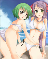 Rule 34 | 2girls, :d, all fours, ass, back, bandeau, bare shoulders, beach, bikini, blush, breasts, cleavage, cloud, covered erect nipples, day, fingernails, green eyes, green hair, grey hair, hair ribbon, hand under clothes, hand under swimsuit, hubrael, long fingernails, long hair, medium breasts, mitsusaki takahiro, multiple girls, on ground, open mouth, original, outdoors, parted bangs, purple hair, red eyes, ribbon, short hair, side-tie bikini bottom, sideboob, sitting, sky, small breasts, smile, spread legs, swimsuit, underboob, very long hair, wariza, water, white bikini, yuri