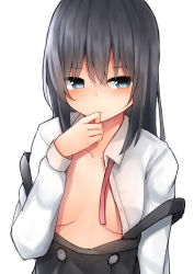 Rule 34 | 10s, 1girl, asashio (kancolle), black hair, blue eyes, blush, breasts, collarbone, dress, finger to mouth, hair between eyes, kantai collection, long hair, looking away, mizushina minato, no bra, open clothes, open shirt, pinafore dress, ribbon, shirt, simple background, sketch, sleeveless, sleeveless dress, small breasts, solo, strap slip, undressing, upper body, white background