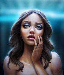 Rule 34 | 1girl, artist name, bare shoulders, blood, blurry, blurry background, brown hair, clementine pennyfeather, eyeshadow, facing viewer, green eyes, long hair, looking at viewer, makeup, meonika, nosebleed, open mouth, out-of-frame censoring, parted bangs, portrait, purple eyeshadow, teeth, westworld