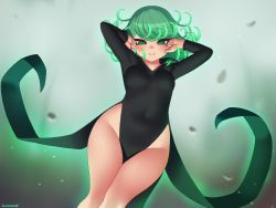 Rule 34 | 1girl, arms up, aura, black dress, breasts, commentary, covered navel, dress, flipped hair, green eyes, green hair, groin, kuroonehalf, long sleeves, looking at viewer, medium hair, no panties, one-punch man, parted lips, pelvic curtain, simple background, small breasts, smile, solo, tatsumaki, white background, wide hips