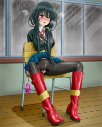 Rule 34 | 1girl, arms behind back, bdsm, black hair, black jacket, black pantyhose, blue skirt, blush, bondage, boots, bound, breast pocket, breasts, breath, buttons, chair, clock eyes, clothes lift, collared shirt, date a live, egg vibrator, female focus, full body, hair tie, half-closed eyes, heterochromia, highres, indoors, jacket, knee boots, long hair, long sleeves, medium breasts, miniskirt, neck ribbon, nose blush, on chair, open mouth, pantyhose, pleated skirt, pocket, pussy juice, rain, red eyes, red footwear, red ribbon, remote control vibrator, ribbon, rubber boots, school chair, school uniform, sex toy, shiny clothes, shirt, sidelocks, sitting, skirt, skirt lift, solo, sweat, symbol-shaped pupils, tape, tied to chair, tokisaki kurumi, verdun (berudan), vibrator, wet, wet clothes, white shirt, window, wooden floor, yellow eyes