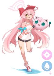 Rule 34 | 1girl, absurdres, ahoge, black shorts, blue archive, blush, creatures (company), crossover, fang, full body, game freak, gen 1 pokemon, highres, hoshino (blue archive), jigglypuff, long hair, nintendo, one eye closed, open mouth, pink hair, pokemon, pokemon (creature), red footwear, rikotch07, shirt, shoes, shorts, simple background, skin fang, sleeves past elbows, smile, solo, white background, white shirt, yellow eyes