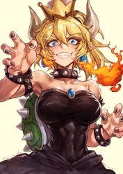 Rule 34 | 1girl, armlet, armpits, bare shoulders, black dress, blonde hair, blue eyes, bowsette, bracelet, breasts, breath weapon, breathing fire, collar, collarbone, covered navel, dated, dress, earrings, eyelashes, fire, highres, jewelry, lain, large breasts, looking at viewer, mario (series), nail polish, new super mario bros. u deluxe, nintendo, pointy ears, ponytail, sharp teeth, shell, solo, spiked armlet, spiked bracelet, spiked collar, spikes, strapless, strapless dress, super crown, teeth, toned, twitter username