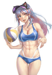Rule 34 | 1girl, ball, bare arms, bare legs, bare shoulders, bikini, blue bikini, blue hair, blush, breasts, cleavage, collarbone, cowboy shot, grey eyes, highres, holding, holding ball, kantai collection, kokuzou, large breasts, long hair, multicolored hair, navel, official alternate costume, open mouth, red hair, smile, solo, south dakota (kancolle), swimsuit, visor cap, volleyball, volleyball (object)