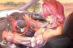 Rule 34 | 1girl, animal ear fluff, animal ears, bare shoulders, between breasts, blush, breasts, car, car interior, commentary request, driving, fate/extella, fate/extra, fate/grand order, fate (series), fox ears, fox girl, fox tail, large breasts, looking at viewer, looking back, motor vehicle, open mouth, pink hair, scrunchie, skirt, solo, steering wheel, tail, tamamo (fate), tamamo no mae (fate/extra), toyota, vehicle interior, wisespeak, yellow eyes, yellow scrunchie