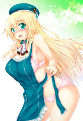 Rule 34 | 10s, 1girl, adapted costume, apron, aqua eyes, atago (kancolle), bare arms, bare shoulders, blonde hair, blush, bra, breasts, hat, kantai collection, large breasts, long hair, looking at viewer, nearly naked apron, open mouth, panties, pink bra, pink panties, solo, tekehiro, underwear, very long hair