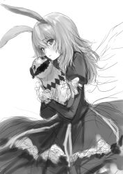 Rule 34 | 1girl, animal ears, capelet, creature, dress, elize lutus, greyscale, kemonomimi mode, looking at viewer, makimura shunsuke, monochrome, rabbit ears, simple background, solo, tales of (series), tales of xillia, teepo (tales), white background, wings