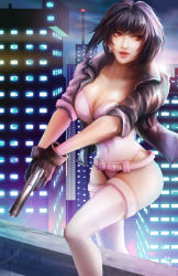 Rule 34 | 1girl, allison chan, belt, breasts, cityscape, cleavage, covered navel, ghost in the shell, ghost in the shell stand alone complex, gloves, gun, handgun, jacket, kusanagi motoko, large breasts, leotard, lips, lipstick, makeup, nose, open clothes, open jacket, pistol, purple hair, red eyes, rooftop, short hair, sleeves rolled up, solo, thighhighs, weapon, white thighhighs