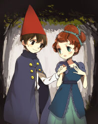 Rule 34 | 1boy, 1girl, beatrice (over the garden wall), blush, brown eyes, brown hair, cape, eyelashes, forest, freckles, green eyes, hair up, hand on own chest, hat, holding hands, juliet sleeves, long sleeves, nature, open mouth, outdoors, over the garden wall, pointy hat, puffy sleeves, red hat, shirt, short hair, smile, sweatdrop, white shirt, wirt (over the garden wall), yoyterra
