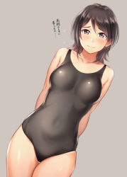 Rule 34 | 1girl, amagami, arms behind back, black hair, black one-piece swimsuit, breasts, breasts apart, closed mouth, cowboy shot, dutch angle, embarrassed, grey background, grey eyes, hair between eyes, head tilt, legs together, looking at viewer, one-piece swimsuit, parted bangs, raised eyebrows, school swimsuit, serizawa (serizawaroom), short hair, simple background, skindentation, solo, standing, swimsuit, takahashi maya, thigh gap, thighs, translation request