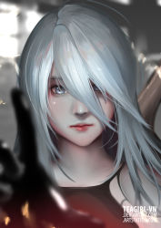 Rule 34 | absurdres, android, blue eyes, close-up, hair over eyes, highres, looking at viewer, mole, mole under mouth, nier (series), nier:automata, pink lips, silver hair, tank top, teagirl-vn, a2 (nier:automata)