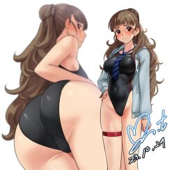 Rule 34 | 1girl, ass, black one-piece swimsuit, blue necktie, brown eyes, brown hair, commission, competition swimsuit, covered navel, dated, feet out of frame, grey jacket, hair bun, half updo, hand on own hip, highleg, highleg swimsuit, highres, idolmaster, idolmaster cinderella girls, jacket, kamiya nao, long hair, looking at viewer, multiple views, necktie, one-piece swimsuit, pixiv commission, signature, simple background, striped necktie, swimsuit, thick eyebrows, wavy hair, white background, yoo tenchi, zoom layer
