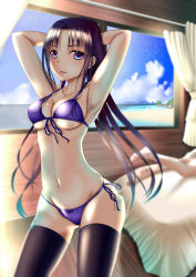 Rule 34 | 1girl, armpits, arms up, beach, bikini, black hair, blue eyes, breasts, cleavage, day, front-tie top, highres, long hair, navel, original, parted lips, ponytail, side-tie bikini bottom, solo focus, standing, swimsuit, thighhighs, window, zakuro0508