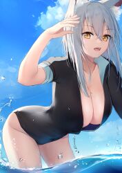 Rule 34 | 1girl, absurdres, animal ear fluff, animal ears, arknights, bent over, blue sky, bodysuit, breasts, cleavage, cowboy shot, day, diving suit, fang, grey hair, hair between eyes, highres, kotoha (kotoha65), large breasts, long hair, looking at viewer, no tail, open mouth, open wetsuit, outdoors, projekt red (arknights), short sleeves, sidelocks, skin fang, sky, solo, wading, water, wetsuit, wolf ears, wolf girl, yellow eyes