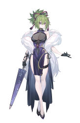 Rule 34 | 1girl, absurdres, alternate breast size, alternate costume, bad id, bad twitter id, bare shoulders, black gloves, breasts, closed mouth, crossed legs, echj, feather boa, full body, genshin impact, gloves, green hair, highres, holding, holding umbrella, kuki shinobu, large breasts, oil-paper umbrella, pelvic curtain, purple eyes, rope, shimenawa, solo, thigh strap, thighs, umbrella, watson cross