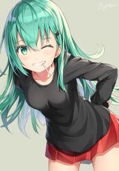 Rule 34 | 1girl, ;), alternate costume, artist name, breasts, casual, cowboy shot, green eyes, green hair, grin, hair between eyes, hair ornament, hairclip, hand on own hip, kantai collection, leaning forward, long hair, long sleeves, one eye closed, pleated skirt, rin yuu, simple background, skirt, sleeves past wrists, small breasts, smile, solo, suzuya (kancolle), twitter username