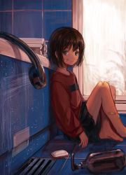 Rule 34 | 1girl, arms at sides, bandaid, bandaid on face, bandaid on leg, barefoot, bathroom, bathtub, black skirt, brown eyes, brown hair, dot nose, drain (object), highres, indoors, long sleeves, looking at viewer, messy hair, open mouth, original, pleated skirt, red shirt, sero3eta, shirt, short hair, shower (place), shower head, sitting, on floor, skirt, soap, soap bottle, solo, tile floor, tile wall, tiles, water