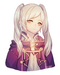 Rule 34 | 1girl, cape, fire emblem, fire emblem awakening, head tilt, long hair, looking at viewer, nintendo, onisuu, robin (female) (fire emblem), robin (fire emblem), simple background, solo, swept bangs, twintails, white background, white hair, yellow eyes