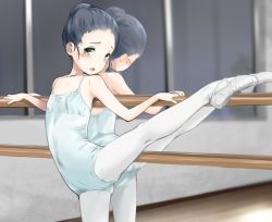 Rule 34 | 1girl, athletic leotard, balancing, ballerina, ballet, ballet slippers, black hair, blue leotard, breasts, commentary request, green eyes, hair bun, kokekokko coma, leotard, looking at viewer, open mouth, original, pantyhose, reflection, single hair bun, small breasts, solo, standing, standing on one leg