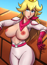 Rule 34 | 1girl, blonde hair, blue eyes, blush, bodysuit, breasts, breasts out, igor-tyor, large breasts, legs, long hair, looking at viewer, mario (series), nintendo, nipples, open bodysuit, open clothes, parted lips, pink lips, princess, princess peach, smile, the super mario bros. movie, thick thighs, thighs, unzipped