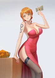 Rule 34 | absurdres, backless dress, backless outfit, banknote, bare arms, bare shoulders, black thighhighs, breasts, cleavage, closed mouth, dress, earrings, food, fruit, hand up, highres, holding, holding money, jewelry, large breasts, long hair, looking at viewer, mandarin orange, money, nami (one piece), one piece, orange eyes, orange hair, red dress, shoulder tattoo, simple background, tattoo, thighhighs, witeak