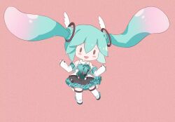 Rule 34 | 1girl, :d, bare shoulders, black eyes, blue hair, blue skirt, blush stickers, bow, bowtie, chibi, collared shirt, detached sleeves, floating hair, frilled skirt, frills, full body, green bow, green bowtie, hatsune miku, head wings, legs apart, long hair, long sleeves, looking at viewer, magical mirai (vocaloid), magical mirai miku, magical mirai miku (2017), miniskirt, open mouth, pink background, shirt, simple background, skirt, smile, solid eyes, solo, sunfish3939, thighhighs, twintails, very long hair, vocaloid, white shirt, white sleeves, white thighhighs, wings, zettai ryouiki