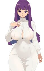 Rule 34 | 1girl, :t, absurdres, binware, breasts, bright pupils, commentary, covered navel, cowboy shot, dress, fern (sousou no frieren), hand up, highres, large breasts, long hair, looking at viewer, purple eyes, purple hair, simple background, solo, sousou no frieren, standing, very long hair, white background, white dress