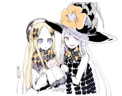 Rule 34 | 2girls, :o, abigail williams (fate), abigail williams (third ascension) (fate), black bow, black dress, black hat, blonde hair, blue eyes, blush, bow, bug, butterfly, commentary request, dress, dual persona, fate/grand order, fate (series), forehead, hair bow, hands up, hat, hat bow, highres, hugging object, insect, long hair, long sleeves, looking at viewer, multiple girls, orange bow, pale skin, parted bangs, parted lips, polka dot, polka dot bow, red eyes, revealing clothes, sharp teeth, simple background, sleeves past fingers, sleeves past wrists, sofra, stuffed animal, stuffed toy, teddy bear, teeth, topless, traditional media, upper body, very long hair, white background, white hair, witch hat