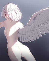 Rule 34 | 1girl, angel wings, ass, back, back focus, bad anatomy, braid, breasts, completely nude, cowboy shot, crown braid, feathered wings, french braid, from behind, garasuno, gradient background, grey background, highres, kishin sagume, looking back, medium breasts, nude, profile, short hair, sideboob, simple background, single wing, solo, touhou, white hair, white wings, wings