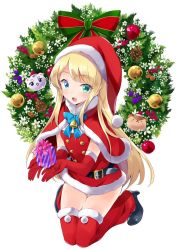 Rule 34 | 1girl, blonde hair, blue eyes, blush, box, cape, christmas, christmas tree, full body, gift, gift box, gloves, green eyes, hat, isekai wa smartphone to tomo ni., kohaku (isekai wa smartphone to tomo ni.), long hair, looking at viewer, novel illustration, official art, open mouth, red footwear, red gloves, santa costume, santa hat, simple background, smile, thighhighs, usatsuka eiji, white background, yumina elnea belfast