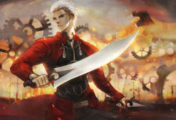 Rule 34 | 1boy, archer (fate), brown eyes, claparo, commentary, fate/stay night, fate (series), gears, highres, holding, holding sword, holding weapon, kanshou &amp; bakuya (fate), long sleeves, male focus, planted, planted sword, planted weapon, silver hair, solo, sword, unlimited blade works (fate), watermark, weapon