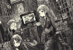 Rule 34 | 1boy, 2girls, absurdres, arrow (symbol), bowl, calendar (object), cigarette, earbuds, earphones, closed eyes, facing another, greyscale, highres, indoors, long hair, looking at viewer, looking away, monochrome, multiple girls, original, scenery, short hair, smoking, television, usio ueda