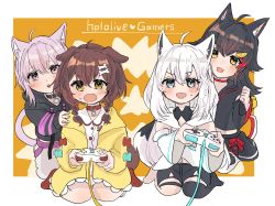 Rule 34 | 4girls, ahoge, animal collar, animal ear fluff, animal ears, black hair, black hoodie, black shirt, black shorts, black skirt, blush, bone hair ornament, border, braid, brown hair, cat ears, cat girl, cat tail, cheering, collar, commentary request, controller, crop top, detached sleeves, dog ears, dog girl, dog tail, dress, fox ears, fox girl, fox tail, game controller, green eyes, hair between eyes, hair flaps, hair ornament, hairclip, hand on another&#039;s shoulder, highres, holding, holding controller, holding game controller, hololive, hololive gamers, hood, hoodie, horomiya, inugami korone, inugami korone (1st costume), jacket, long hair, looking at viewer, multicolored hair, multiple girls, nekomata okayu, nekomata okayu (1st costume), ookami mio, ookami mio (1st costume), open clothes, open jacket, open mouth, pants, purple eyes, purple hair, red hair, seiza, shirakami fubuki, shirakami fubuki (1st costume), shirt, short hair, short shorts, shorts, sidelocks, single braid, single thighhigh, sitting, skirt, streaked hair, sweatdrop, tail, tail around own leg, thigh strap, thighhighs, twin braids, virtual youtuber, white dress, white hair, white hoodie, white legwear, white pants, wolf ears, wolf girl, wolf tail, yellow eyes, yellow jacket
