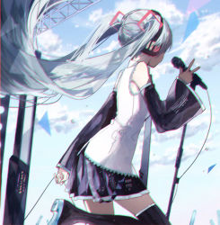 Rule 34 | 1girl, aqua hair, aqua necktie, bare shoulders, belt, black skirt, black sleeves, black thighhighs, blue sky, chromatic aberration, cloud, cloudy sky, commentary, cowboy shot, day, detached sleeves, facing away, floating hair, from side, hair ornament, hand up, hatsune miku, headphones, leg up, long hair, microphone, microphone stand, miniskirt, necktie, outdoors, scaffolding, shadow, shirt, skirt, sky, sleeveless, sleeveless shirt, solo, sonna banana, stage, symbol-only commentary, thighhighs, twintails, very long hair, vocaloid, w, white shirt, zettai ryouiki