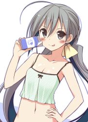 Rule 34 | 10s, 1girl, :q, ahoge, alternate costume, black eyes, black hair, blush, collarbone, hand on own hip, highres, kantai collection, kiyoshimo (kancolle), long hair, looking at viewer, low twintails, milk carton, navel, ohta yuichi, solo, tank top, tongue, tongue out, twintails, upper body, very long hair